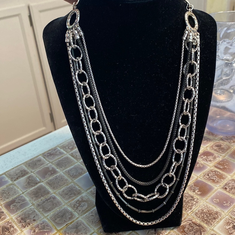 Brighton PEBBLE‎ CASCADE Gunmetal and Silver Layered Multi Strand Long Necklace
